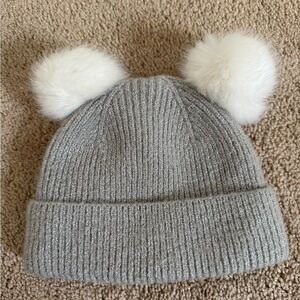 Baby GAP Metallic Silver Knit Hat with Fluffy White Pom Poms